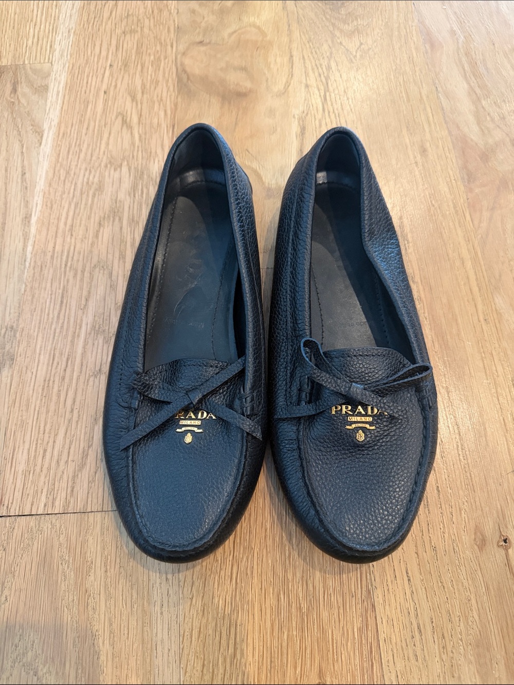 Prada Black Pebbled Leather Bow Loafers